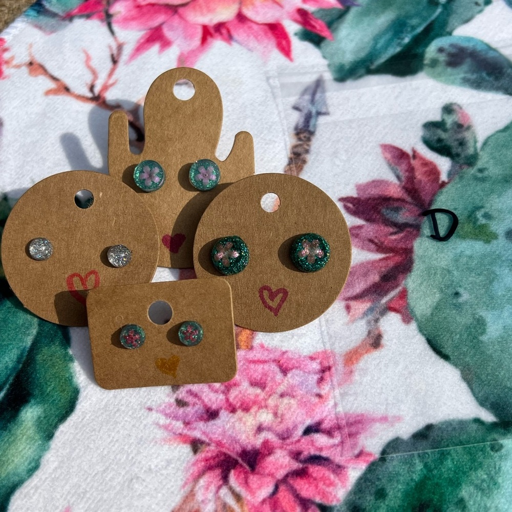 Glittery Green, Pink and Silver Handmade Flower Earrings Sets